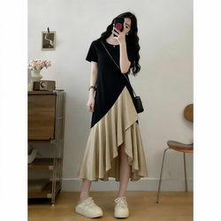Black Shoulder-Length Dress for Women 2026 New Summer Plus Size Fat mm (Referring to a Larger Build) Covers the Body, Looks Slimming, Irregular Ruffle T-Shirt Dress