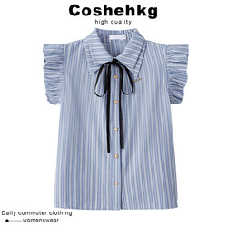 Coshehkg College Style Striped Flying Sleeve Shirt for Women New Spring and Summer Polo Collar Bow Tie Shirt