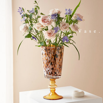 Zhouzhoujia American leopard print medieval glass vase light luxury high-end decoration retro home vase tall flower vessel