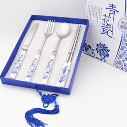 Blue and White Porcelain Tableware Set with Knife, Fork, Spoon, and Chopsticks, Featuring a Unique Chinese Style, Suitable as a Gift for Foreigners, Business Meetings, or Travel Abroad