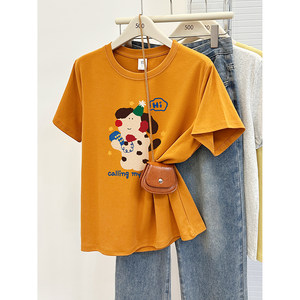 
200*0.5kg large size women's short-sleeved T-shirt for women cartoon print 2025 summer front shoulder fat mm slimming top trendy