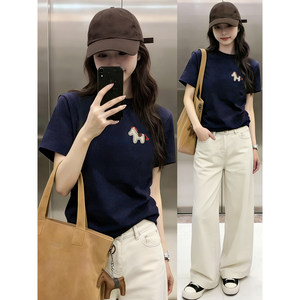 
Fat mm cartoon pony print right shoulder short-sleeved T-shirt women's 2026 early spring large size round neck top that covers the flesh and looks slimming