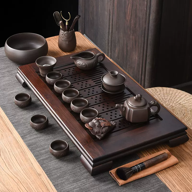家用小户型胡桃色排水茶盘茶具套装 紫砂功夫茶具茶盘现代简约-Taobao