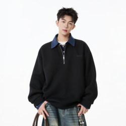 Color-Blocked Faux Two-Piece Polo Shirt for Men, Spring Embroidered Half-Zip Sweatshirt, American-Style Loose Long-Sleeve Top, Men's Autumn Wear