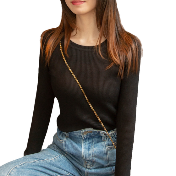 Round necked base sweater for women, new versatile top for spring 2024, with long sleeved slim fitting fitting pullover knit sweater