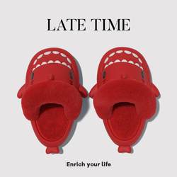 Late Time New Year Red Zodiac Year Detachable Shark Cotton Slippers for Women Winter Indoor Home Couple Furry Slippers