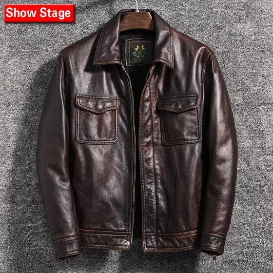 Qingcang is so good Pippi Men's special lapel short cowhide leather jacket plus cotton large size leather jacket autumn and winter tide

