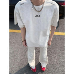 Heavyweight Pure Cotton American-Style White and Gray Letter Student Short-Sleeve T-Shirt for Men, Summer Trendy Brand Versatile Loose-Fitting Couple Top