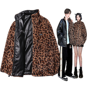 American leopard print on both sides of a jacket men and women ins winter tide couple PU leather jackets stand -up collar loose cotton jacket