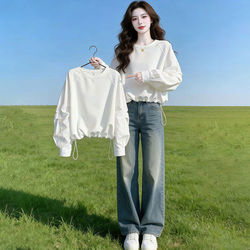 2026 Spring and Autumn New Women's Loose Drawstring Sweatshirt Fashionable Versatile Age-Reducing Simple White Long-Sleeve Top