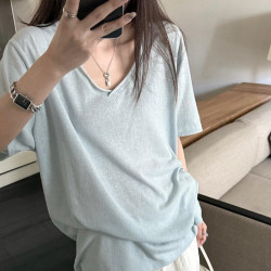 Relaxed V-Neck Short-Sleeved T-Shirt for Women 2026 Summer New Thin Korean Style Loose Lazy Style Slimming and Flesh-Covering Top