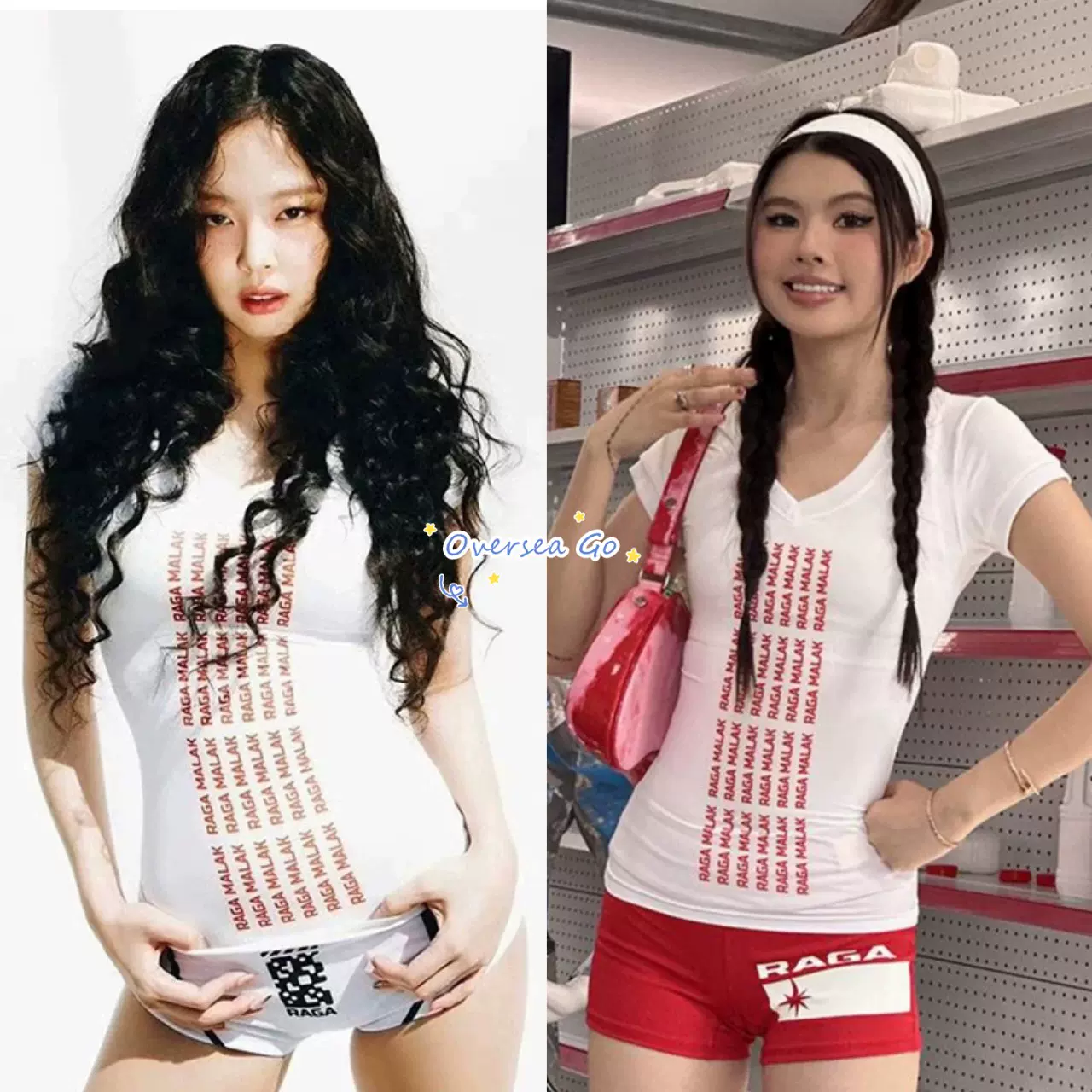 现货Raga Malak 金智妮jennie同款辣妹风修身v领短袖T恤/短裤女