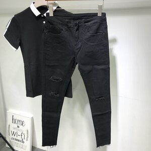 Kneeling word porn jeans men's cropped pants summer new black slim feet trend Korean version 9 pants
