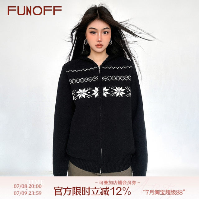 FUNOFF Fair Island Bath Style Black Zipper Hooded Sweater Jacket 2024 Winter Christmas Knitted Top for Women