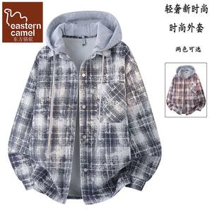 
Oriental camel plaid jacket for men in spring and autumn American style removable hooded spring clothing for teenagers retro jacket for men