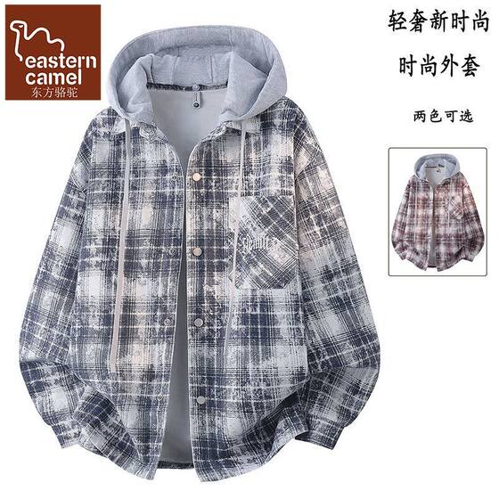 
Oriental camel plaid jacket for men in spring and autumn American style removable hooded spring clothing for teenagers retro jacket for men