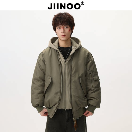 
JIINOO winter holiday two-piece spliced pilot cotton coat for men and women, American street loose couple's versatile cotton coat