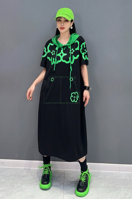 2025 summer new women's dress hooded printed spliced ​​midi skirt loose large size casual and fashionable slim