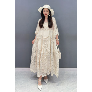 
2026 spring new style hollow hook-knitted dress with mid-sleeves, large hem, mid-length skirt, elegant, ladylike, fashionable and loose