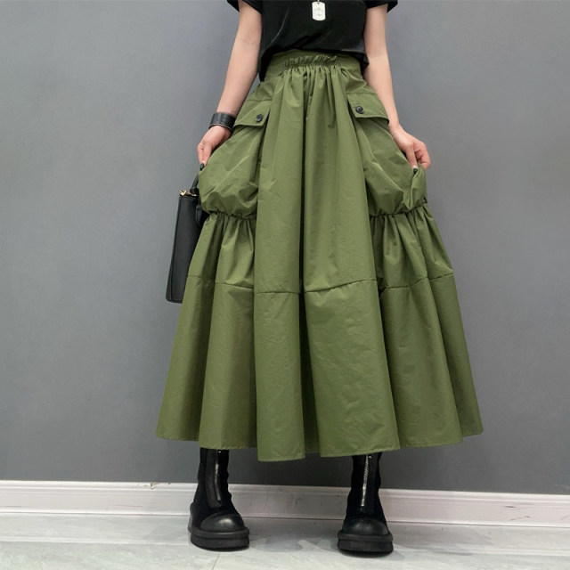 2025 summer new women's skirt big sway long skirt military green big pocket splicing casual loose versatile
