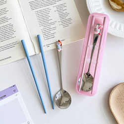 Cute Puppy Chopsticks and Spoon Set Student Dormitory Stainless Steel Portable Tableware Two-Piece Set Home Take-Out Storage Box