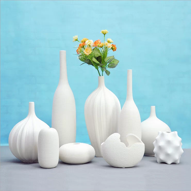 创意简约现代陶器工艺品白色大小花器手工素烧陶瓷摆件 创意简约现代陶器工艺品白色大小花器手工素烧陶瓷摆件