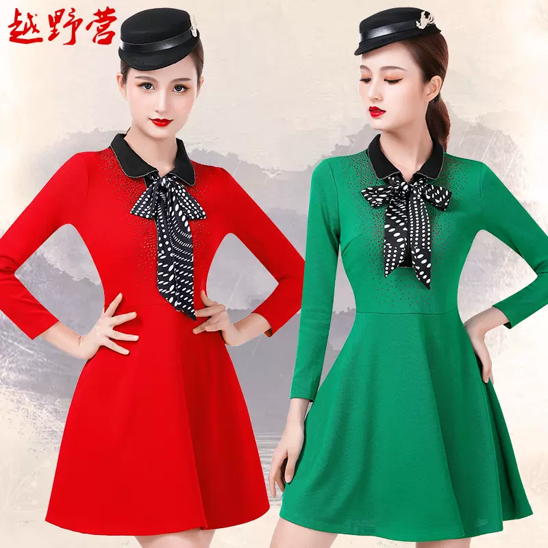 越野营冬冬水兵舞服装女连衣裙新款长袖红色绿色裙果
