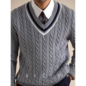 
JUESION autumn and winter V-neck sweater men's cable tie college style casual bottoming warm men's pullover sweater