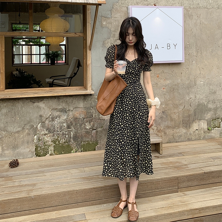 法式碎花茶歇开叉收腰连衣裙