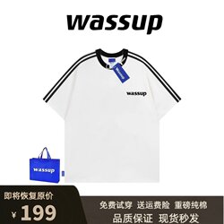 Wassup Trendy Brand Three-Stripe Short-Sleeve Heavy Cotton T-Shirt for Men and Women, Ins-Style Student Casual Loose Couple T-Shirt