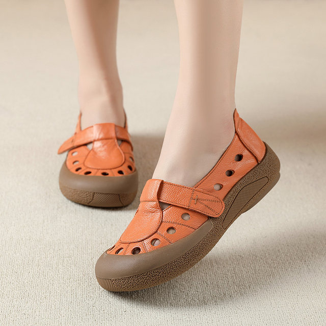 Soft cowhide spring and summer genuine leather bag-toe flat sandals new retro comfortable large size 41 women's shoes breathable hole shoes 42