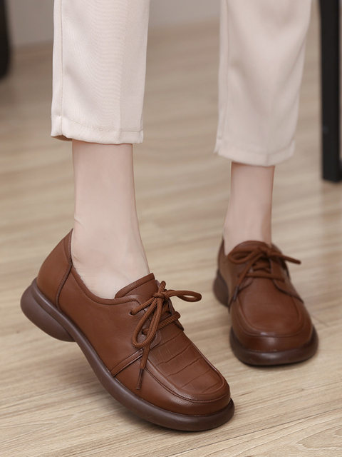 2025 new fashion trend women's leather shoes flat large size women's shoes 41-43 top layer cowhide retro single shoes