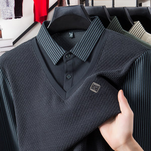
Men's long-sleeved T-shirt POLO collar autumn and winter middle-aged and elderly dad's spring underwear fake two-piece 40-year-old 50-year-old top