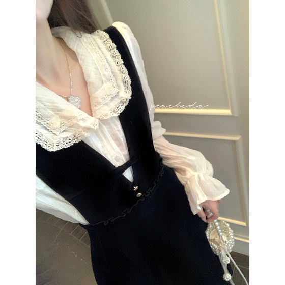 
Peach, black and white painting, heavy embroidery lapel white shirt for women + strap velvet dress suit autumn