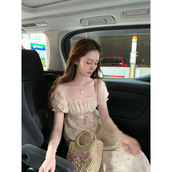 
Peach Garden Notes Zhiman Imperial Dress Square Neck Gentle Sweet Design Sleeve Floral Dress Long Skirt Summer
