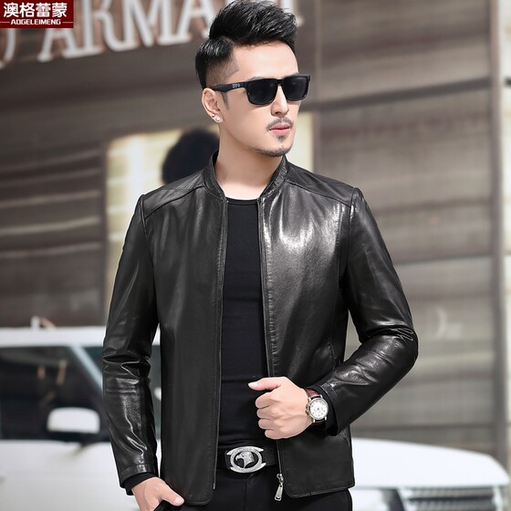 
Haining Autumn and Winter New Genuine Leather Jacket Men's First Layer Goat Leather Short Slim Korean Style Stand Collar Motorcycle Leather Jacket