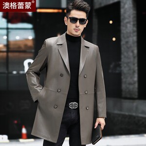 
New autumn and winter Haining genuine leather leather jacket for men's mid-length sheepskin windbreaker suit collar double-breasted casual jacket trend