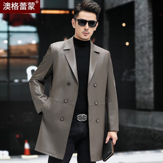 
New autumn and winter Haining genuine leather leather jacket for men's mid-length sheepskin windbreaker suit collar double-breasted casual jacket trend