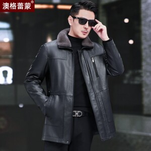 
Haining genuine leather jacket men's first-layer cowhide mid-length leather jacket mink lapel down rabbit fur liner jacket winter