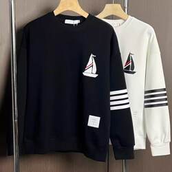 Trendy New Tb Style Sailboat Sweatshirt for Men with Four-Bar Pattern on the Back, Crew Neck Casual Pullover Long-Sleeve Shirt