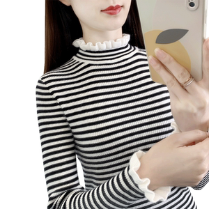 Women's Half Turtleneck Sweater Bottom Shirt Spring and Autumn 2025 New Ruffle Underwear Top Slim Striped Striped Knitted Sweater