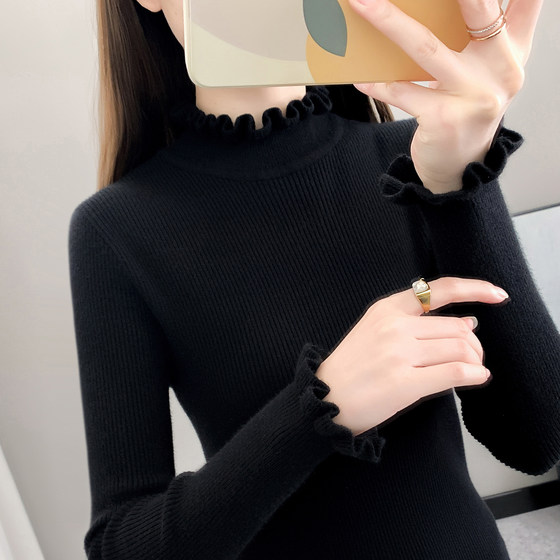 
Black bottoming shirt for women, fashionable autumn and winter new style mid-collar sweater top, slim fit inside, thin half turtleneck sweater