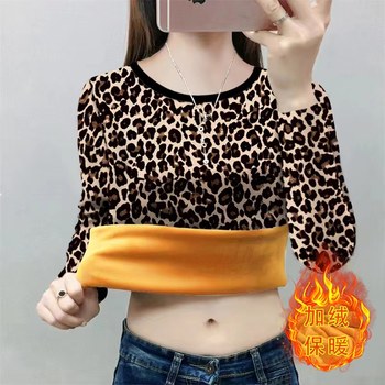 Warm long-sleeved leopard print plus velvet bottoming shirt for women autumn and winter casual versatile middle-aged and elderly mothers thickened t-shirt inner wear