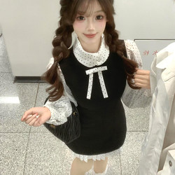 Popwest New French Preppy Style Polka Dot Shirt Vest Dress Early Spring Beautiful Outfit for Petite Women