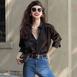 2025 Early Autumn New Black Shirt with a High-End, Fashionable and Stylish Satin Design for Petite Women, High Quality