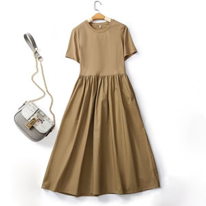 
Daily single u~ Women's 23 summer pure cotton round neck pleated spliced ​​slim flared mid-length skirt short-sleeved dress