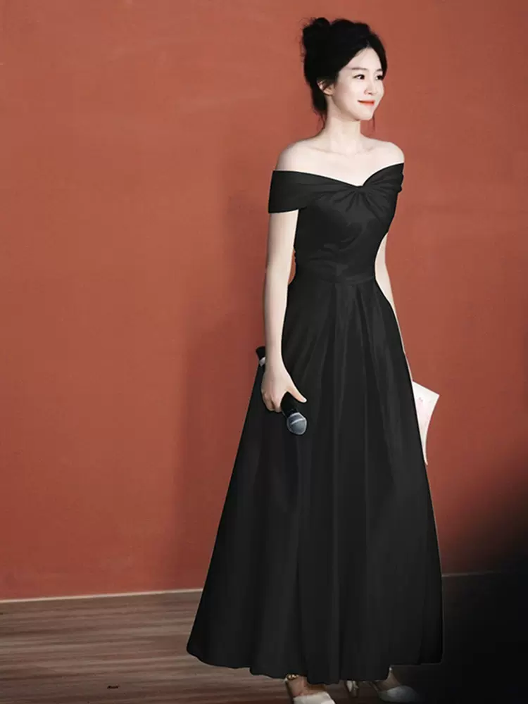 黑色一字肩晚礼服高端轻奢小众小个子高中生18岁成人礼女孩礼服裙