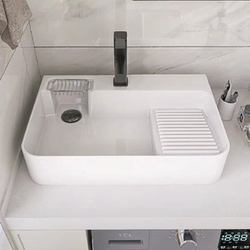 Ceramic Countertop Basin with Washboard, Balcony Washing Machine Side Drain, Bathroom Washbasin Side Drainage Single Basin