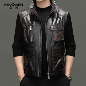
Stand-up collar leather vest men's fashion trend high-end handsome workwear motorcycle vest top layer cowhide vest jacket