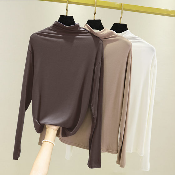 Modalne with a long -sleeved T -shirt female half -neither bottomed shirt spring and autumn new slim -fitting pile collar thin top